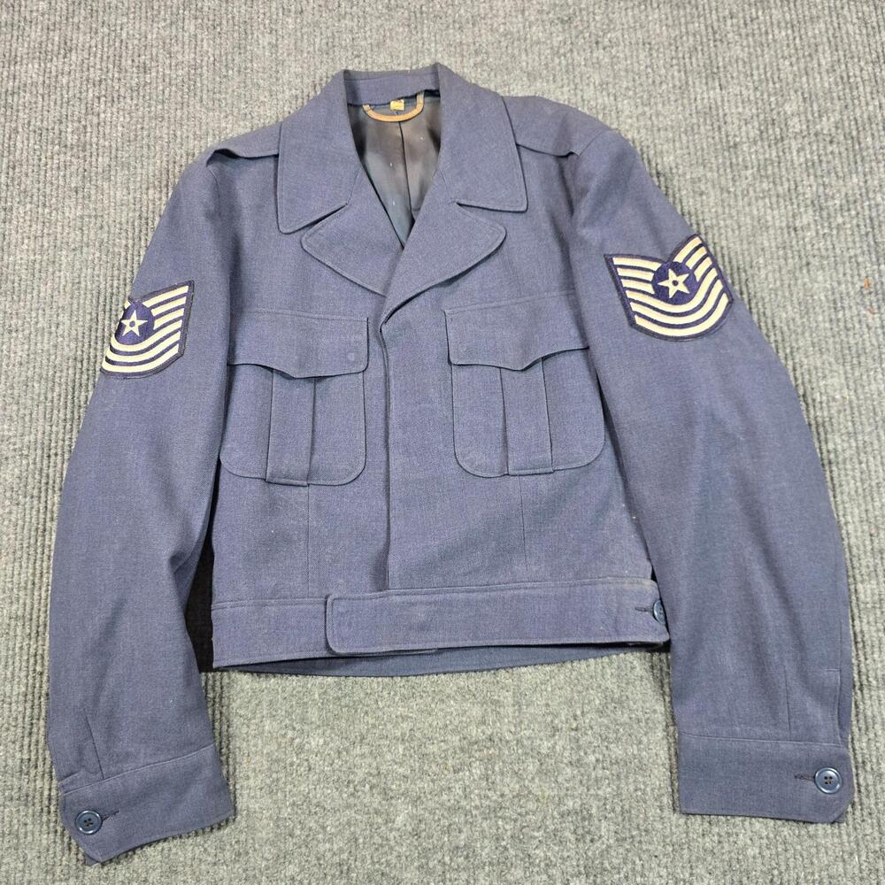 Vintage USAF Ike Jacket Mens 36 Blue Wool Short Sgt Patches Irwin Park Clothes